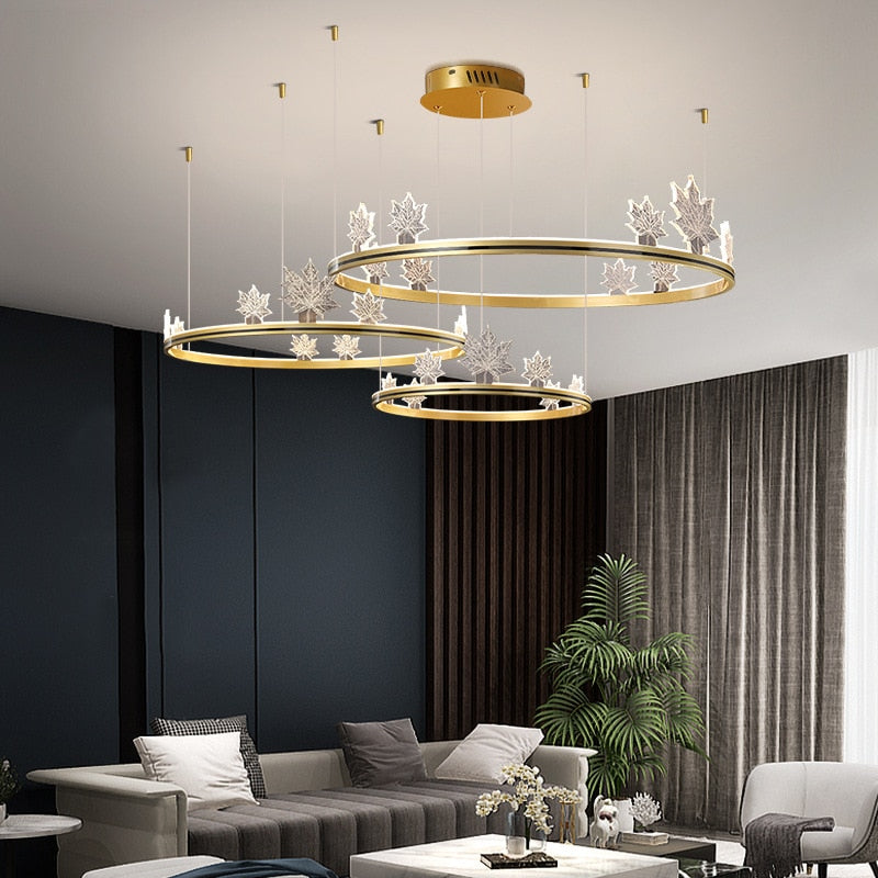 Modern Aluminum Ring Pendant Lights Dimming Foyer Restaurant Bedroom Hanging Lamp Acrylic Leaves