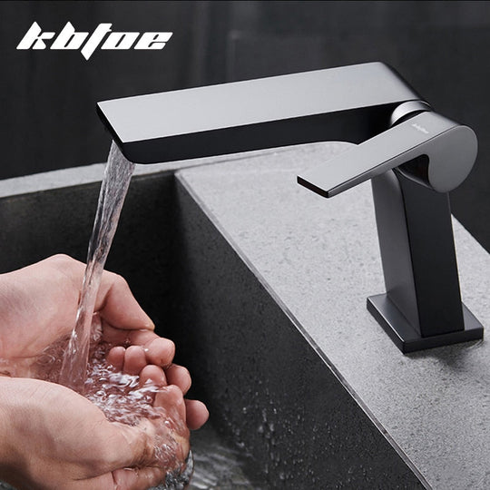 Gun Grey Basin Faucet Brass Bathroom Waterfall Hot And Cold Water Mixer Tap Single Handle Crane