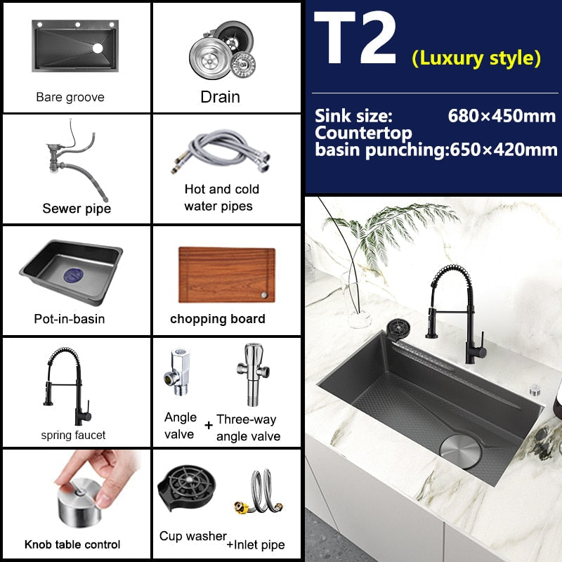 Stainless Steel Embossed Kitchen Sink Large Single Slot Washbasin Multifunctional Washing Basin