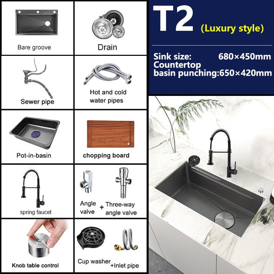 Stainless Steel Embossed Kitchen Sink Large Single Slot Washbasin Multifunctional Washing Basin