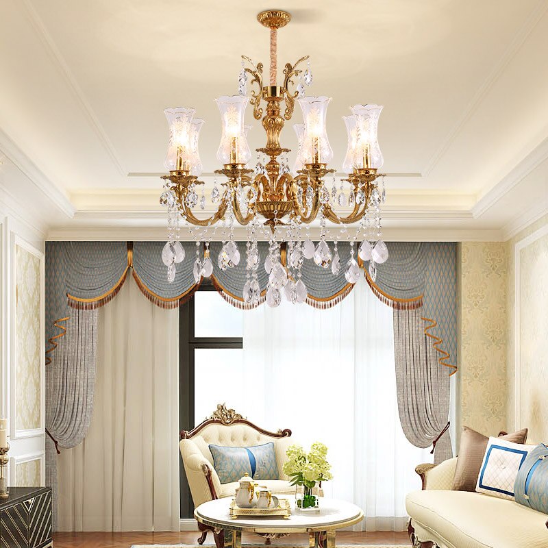 European Style Copper Luxury Lighting Hanging Lights Lamps Crystal Glass Chandelier Modern