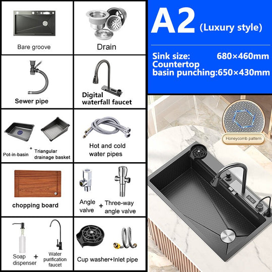 Kitchen Sink Large Single Slot Stainless Steel Waterfall Household Embossed Washing Basin Utensils