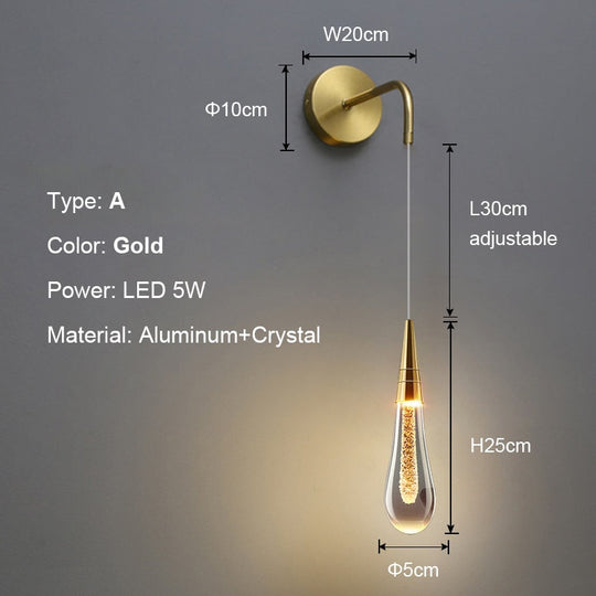 Creative Raindrops Wall Lights Living Bedroom Luxury Crystal Lamps With Zipper Switch Clear Gold