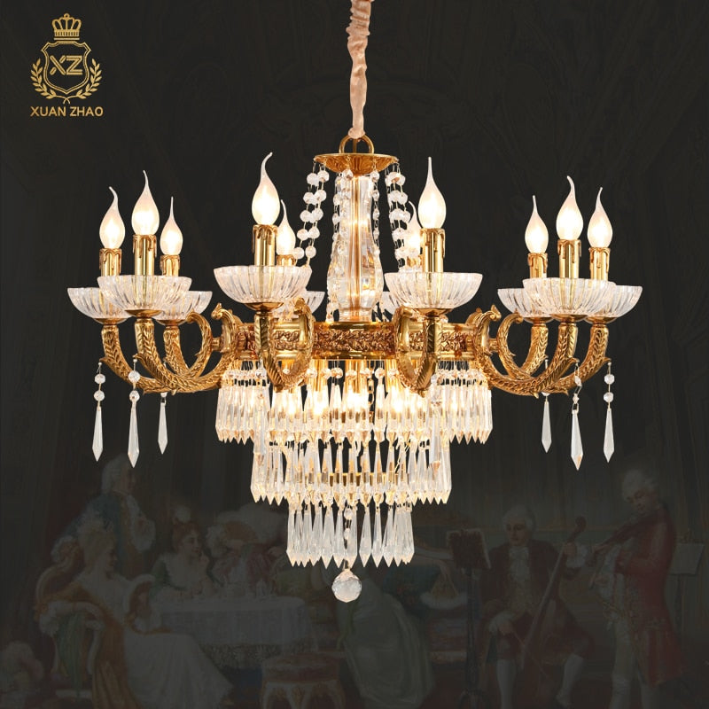 European Elegant Round Clear Crystal Lamp Luxury Foyer Vintage Brass Chandelier Pendant Lighting