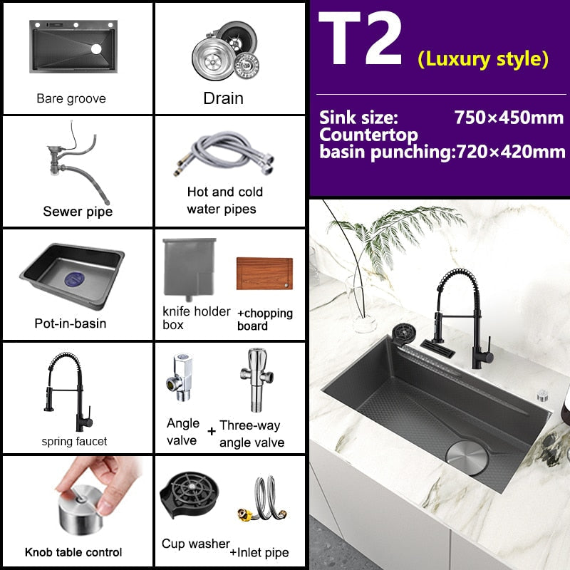 Stainless Steel Embossed Kitchen Sink Large Single Slot Washbasin Multifunctional Washing Basin