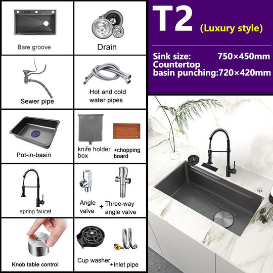 Stainless Steel Embossed Kitchen Sink Large Single Slot Washbasin Multifunctional Washing Basin
