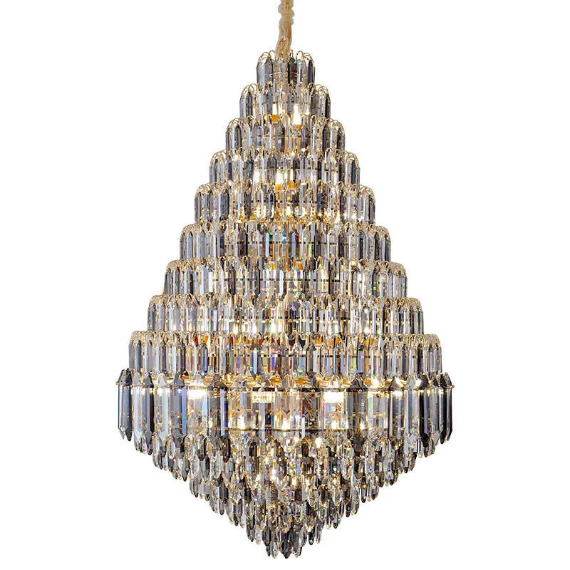 Large Chandelier Indoor Decorative Luxurious Golden Amber Crystal Long Chain Lamp For Lobby Villa