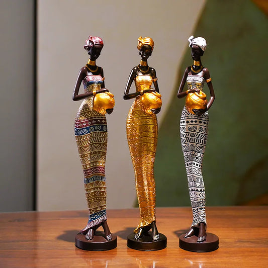Resin Painted Black Statue Decor Figurines Retro African Women Holding Pottery Pots Home Bedroom