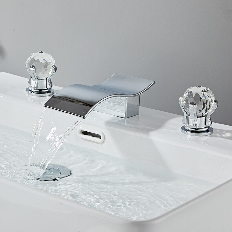 Bathroom Basin Faucet With Crystal Ball Switch Waterfall Faucets Hot Cold Water Mixer Tap Set Dual