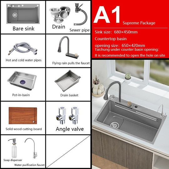 New Grey Nano 304 Stainless Steel Kitchen Sink Waterfall Basin Large Single Slot With Faucet For