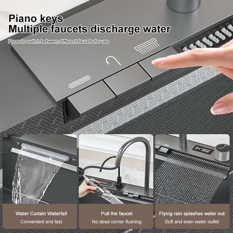 Digital Display Waterfall Sink Embossed Stainless Steel Kitchen Large Single Bowl Black Washbasin
