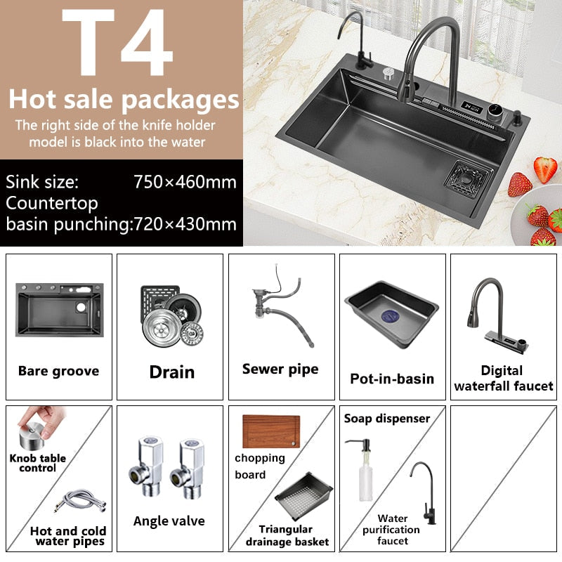 Waterfall Sink Stainless Steel Kitchen Large Single Slot Right Side Down Utensils For Kitchen For