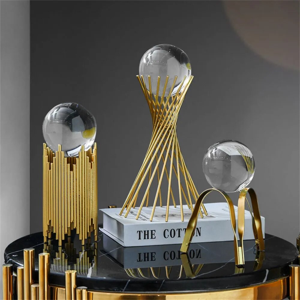 Abstract Shape Crystal Ball Craft Ornament Golden Iron Art Statue Luxury Figurine Decor Glass