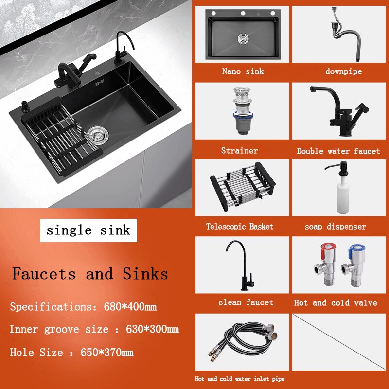 Black Stainless Steel Single Bowl Kitchen Sink Undermount Dishwasher 68X40 3 Sink