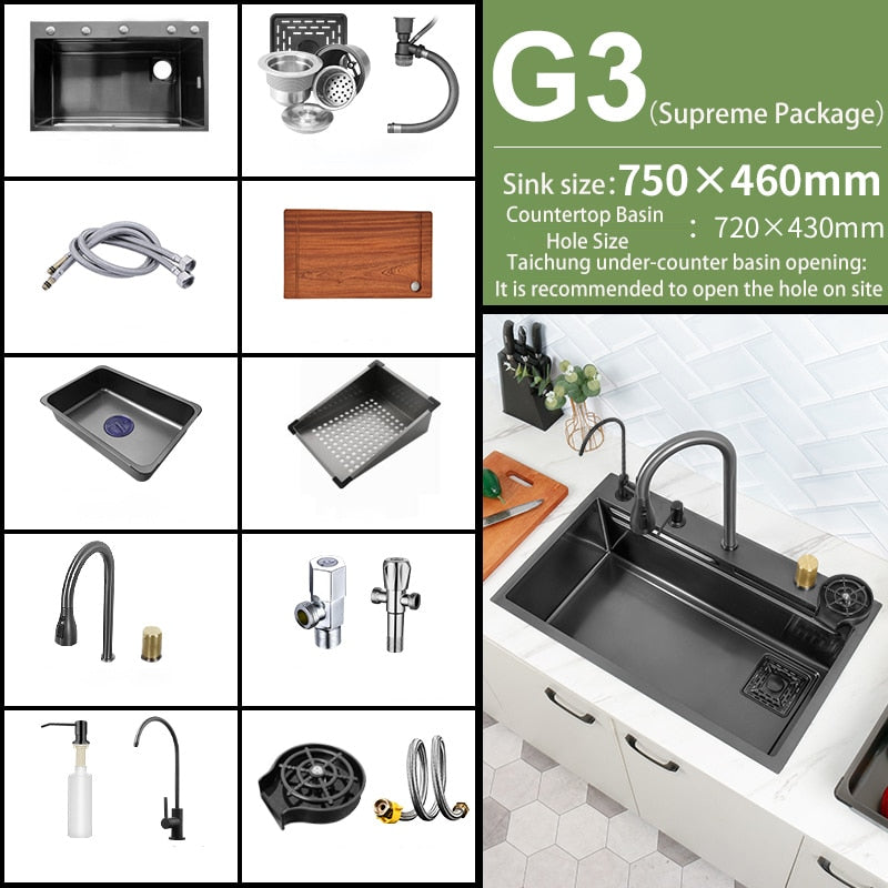 Black Nano Kitchen Sink 304 Stainless Steel Waterfall Basin Large Single Bowl With Multifunction