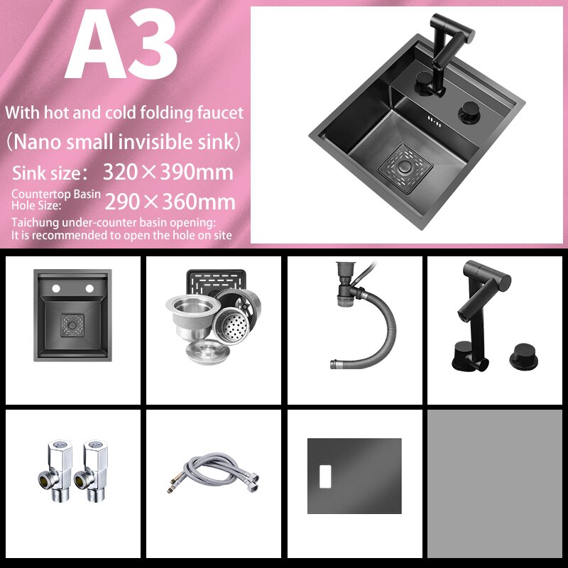 Bar Sink Single Bowl Hidden Black Kitchen Undermount Stainless Steel Square Small Size Sinks Or