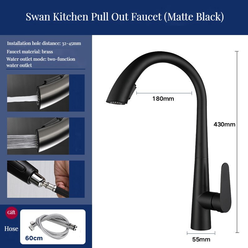 Brass Kitchen Faucets Pull Out Spout Mixer Taps Hot Cold Water Accessories Deck Mounted Stream