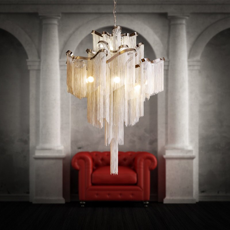 Aluminium Chain Chandelier Fringed Pendant Lamp Luxury Stair Silver Gold Ceiling Light For Home