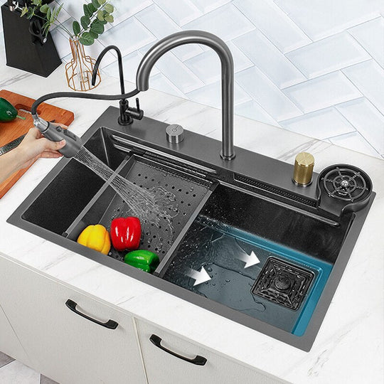 Black Nano Kitchen Sink 304 Stainless Steel Waterfall Basin Large Single Bowl With Multifunction