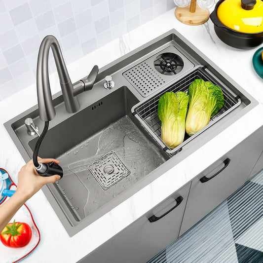 Grey Drop In Kitchen Sink Workstation Undermount Single Bowl 304 Stainless Steel With Drain Basket