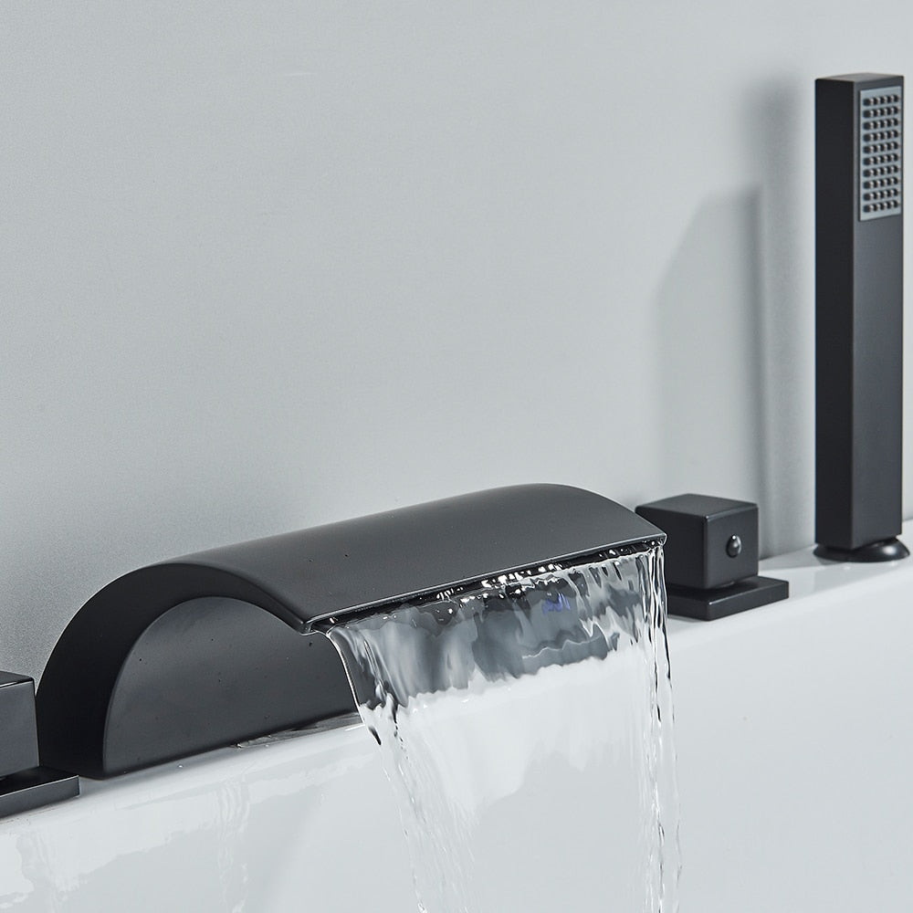 Black Brass Waterfall Bathtub Faucet Widespread Tub Sink Tap Three Handles Hot Cold Water Mixer