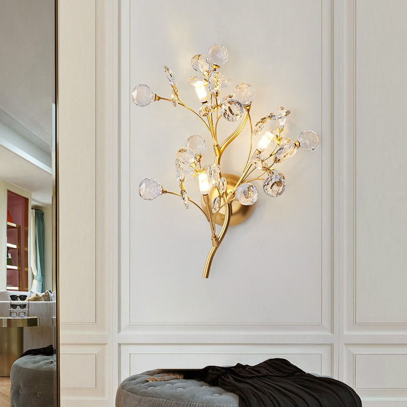 Romantic Flowers Branches G4 Bulb Wall Lights Clear Crystal Living Room Bedroom Decoration Sconce