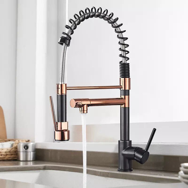 Pull Down Spring Kitchen Faucets Rose Gold Hot Cold Sink Mixer Tap Deck Mounted Brass Black Faucet