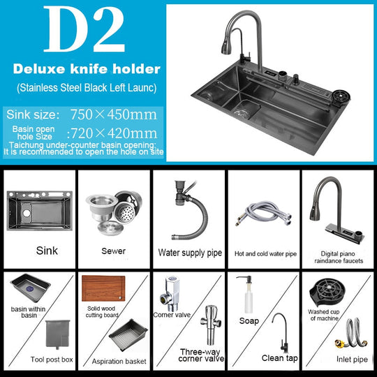 304 Stainless Steel Kitchen Waterfall Sink Digital Display Large Single Dish Basin With