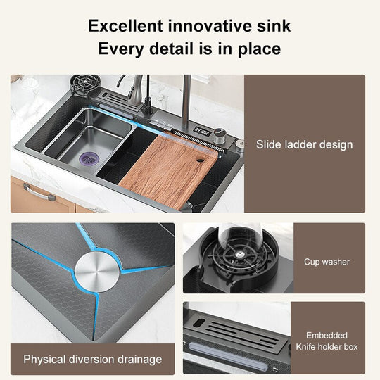 Digital Display Waterfall Sink Embossed Stainless Steel Kitchen Large Single Bowl Black Washbasin