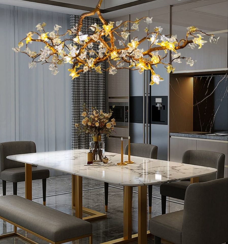 Gold Flower Chandelier - Luxury Copper Lamp With Art Glass Modern Led Lighting For Dining Living