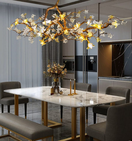 Gold Flower Chandelier - Luxury Copper Lamp With Art Glass Modern Led Lighting For Dining Living