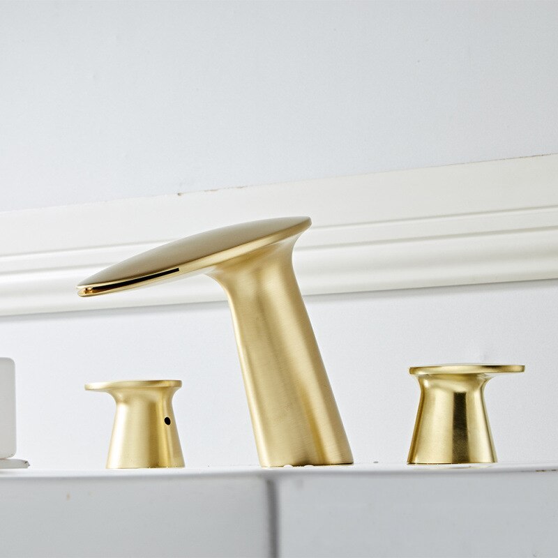 Basin Mixer Waterfll Faucet Bathroom Sink Faucets Brushed Gold Brass 3 Holes Double Handle