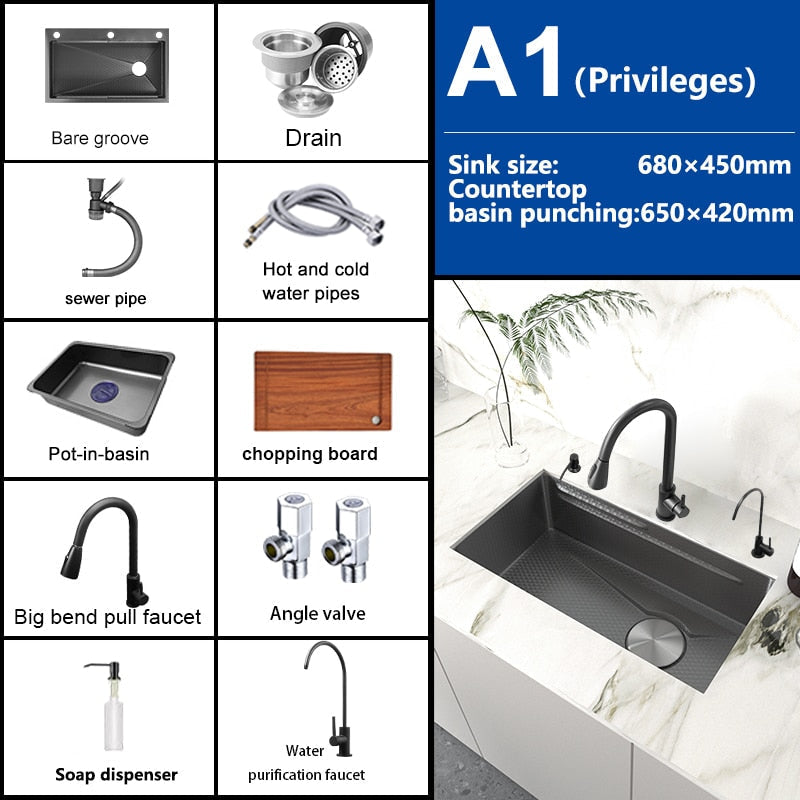 Stainless Steel Embossed Kitchen Sink Large Single Slot Washbasin Multifunctional Washing Basin