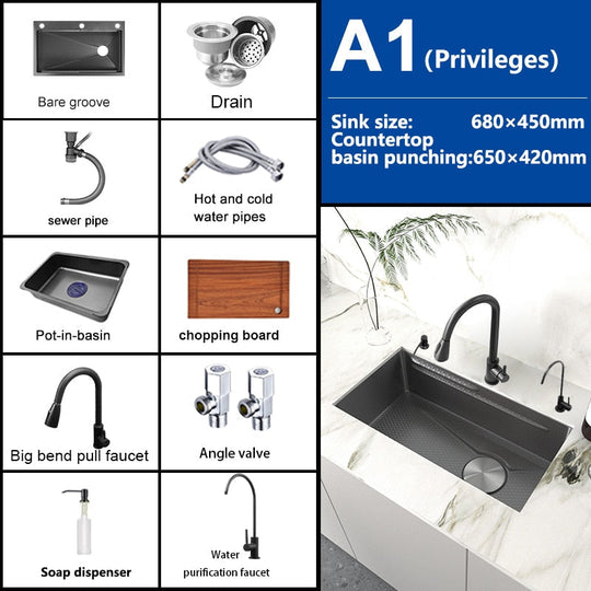 Stainless Steel Embossed Kitchen Sink Large Single Slot Washbasin Multifunctional Washing Basin