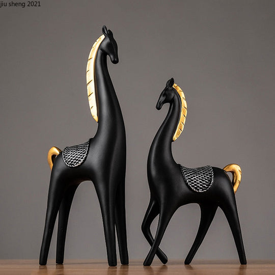 2 Piece - Luxury Golden Horse And Elk Figurines: Resin Animal Sculpture For Elegant Home Decor Items
