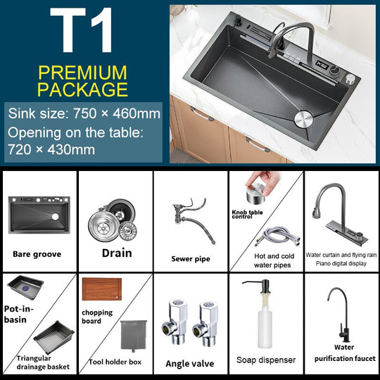 Digital Display Waterfall Sink Embossed Stainless Steel Kitchen Large Single Bowl Black Washbasin