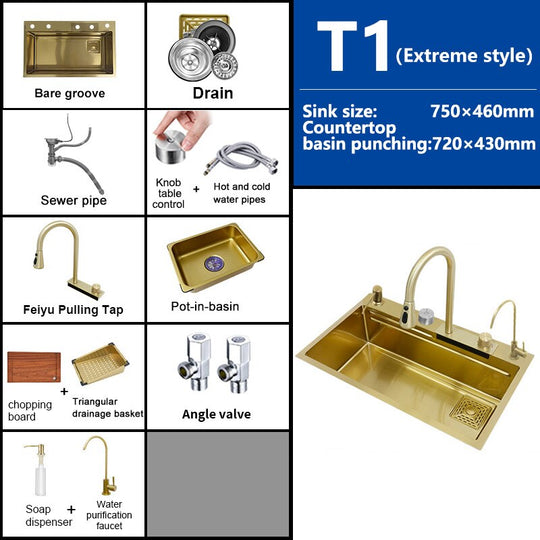 Waterfall Kitchen Sink Gold Nano 304 Stainless Steel Large Single Bowl Modern Multifuctional