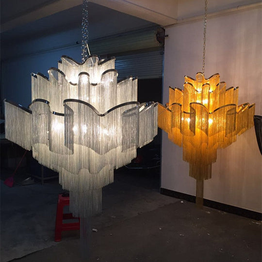 Aluminium Chain Chandelier Fringed Pendant Lamp Luxury Stair Silver Gold Ceiling Light For Home