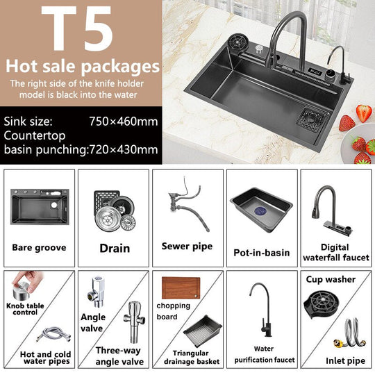 Waterfall Sink Stainless Steel Kitchen Large Single Slot Right Side Down Utensils For Kitchen For