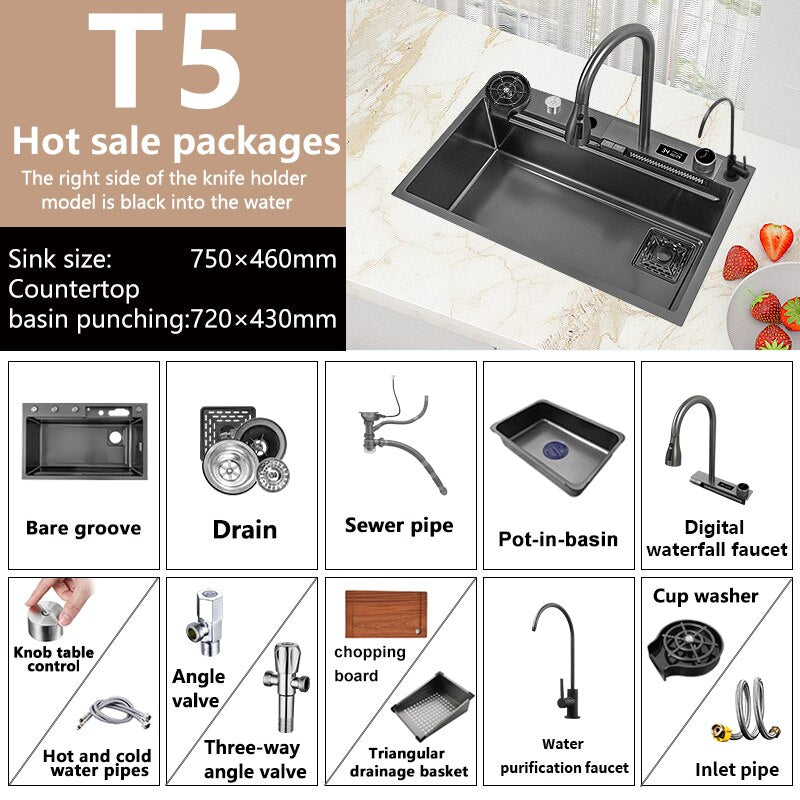 Waterfall Sink Stainless Steel Kitchen Large Single Slot Right Side Down Utensils For Kitchen For