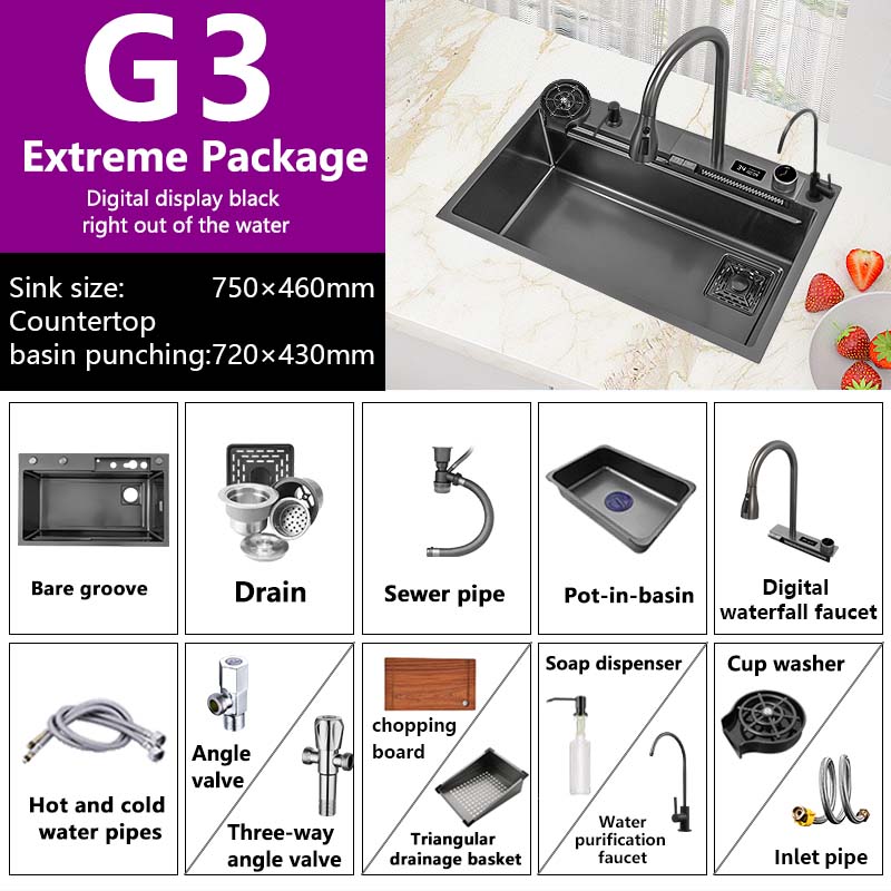 Waterfall Sink Kitchen 304 Stainless Steel Large Single Slot With Multifunction Touch Faucet Above