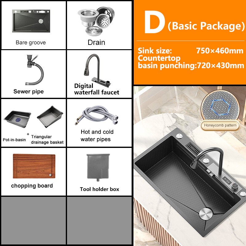 Stainless Steel Kitchen Sink Digital Display Embossed Waterfall Sink Large Single Slot