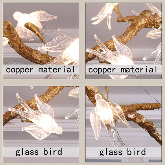 Branches Copper Chandelier Lustre Hanging Lamps For Ceiling Modern Suspension Bird Crystal