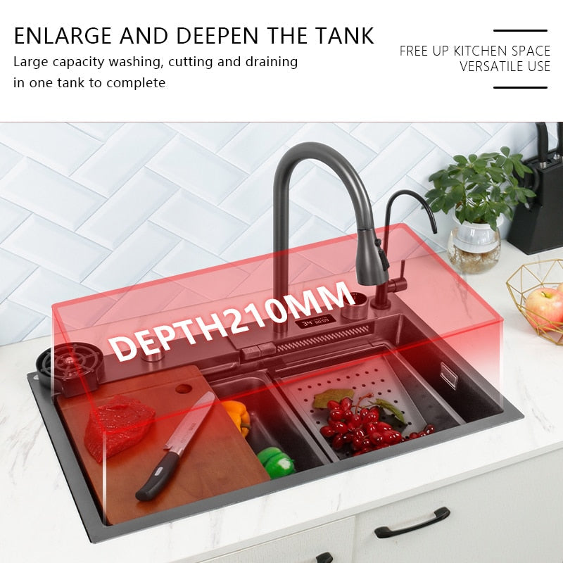 Waterfall Sink Kitchen 304 Stainless Steel Large Single Slot With Multifunction Touch Faucet Above