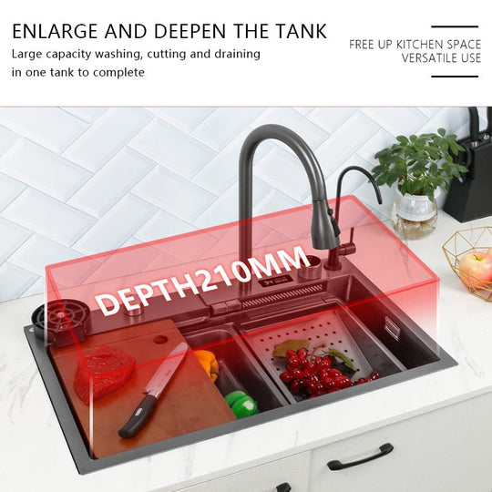 Waterfall Sink Kitchen 304 Stainless Steel Large Single Slot With Multifunction Touch Faucet Above