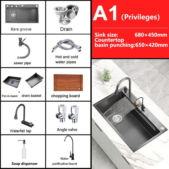 Waterfall Kitchen Sink Stainless Steel Embossed Washbasin Large Single Slot Left Drain