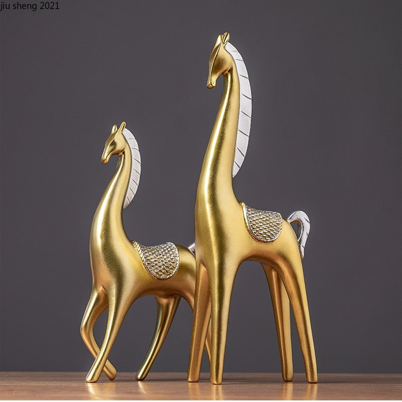 2 Piece - Luxury Golden Horse And Elk Figurines: Resin Animal Sculpture For Elegant Home Decor Items