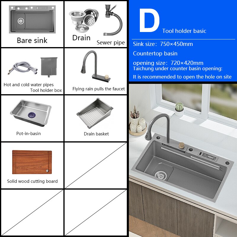 New Grey Nano 304 Stainless Steel Kitchen Sink Waterfall Basin Large Single Slot With Faucet For