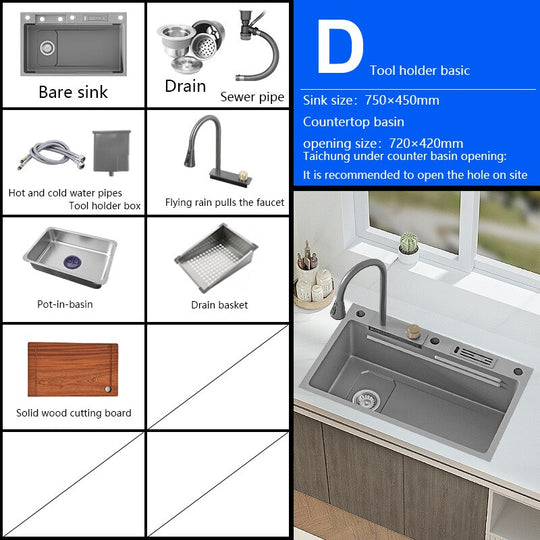 New Grey Nano 304 Stainless Steel Kitchen Sink Waterfall Basin Large Single Slot With Faucet For