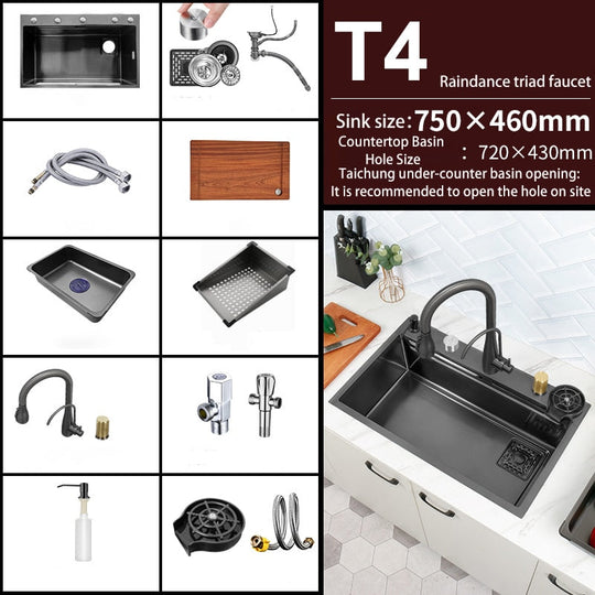 Black Nano Kitchen Sink 304 Stainless Steel Waterfall Basin Large Single Bowl With Multifunction